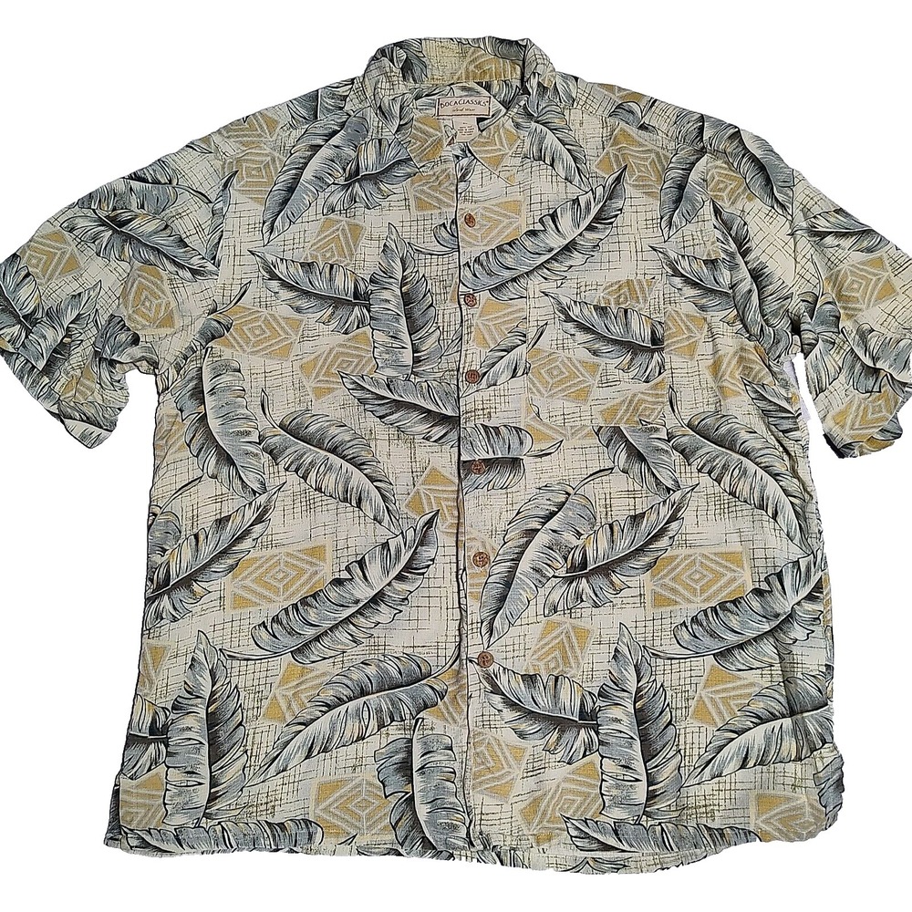 BOCA CLASSICS Men Size XL 100% SILK Green‎ Leaves Print Hawaiian Shirt